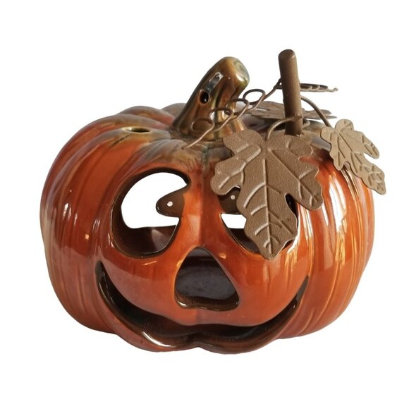 Halloween Candle Holder Jack o Lantern Ceramic Happy JOL Pumpkin Rustic Decor - Picture 1 of 11